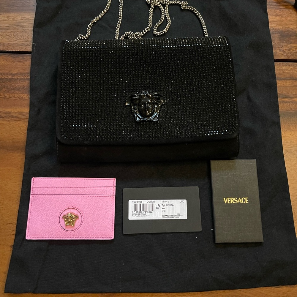 Authentic Beautiful Versace crystal Palazzo black bag w/Pink CC holder